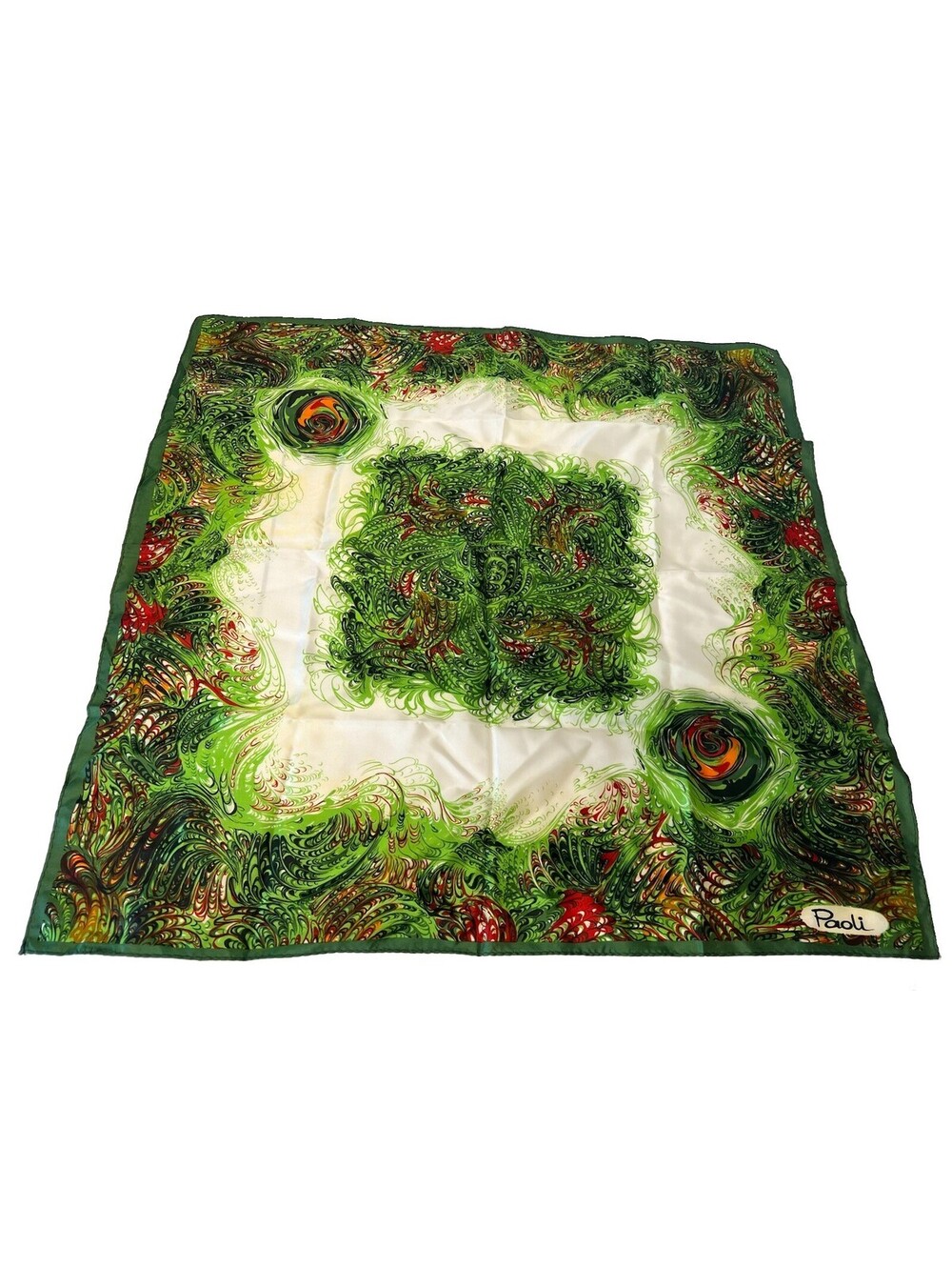Paoli Square Scarf Made In Japan 1970’s Green White Red Swirls Vintage